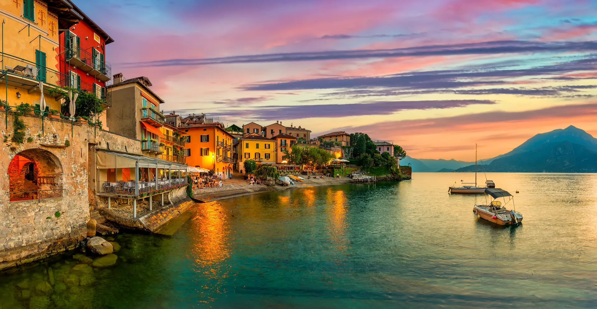 Lake Como Varenna Italy sunset boats