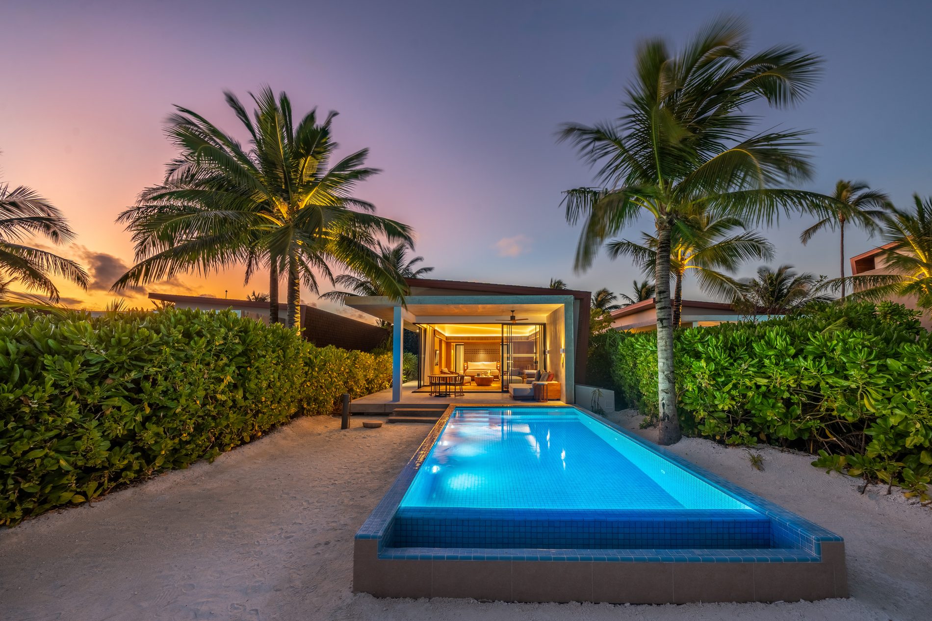 Beach villa with private pool at sunset, Kuda Villingili