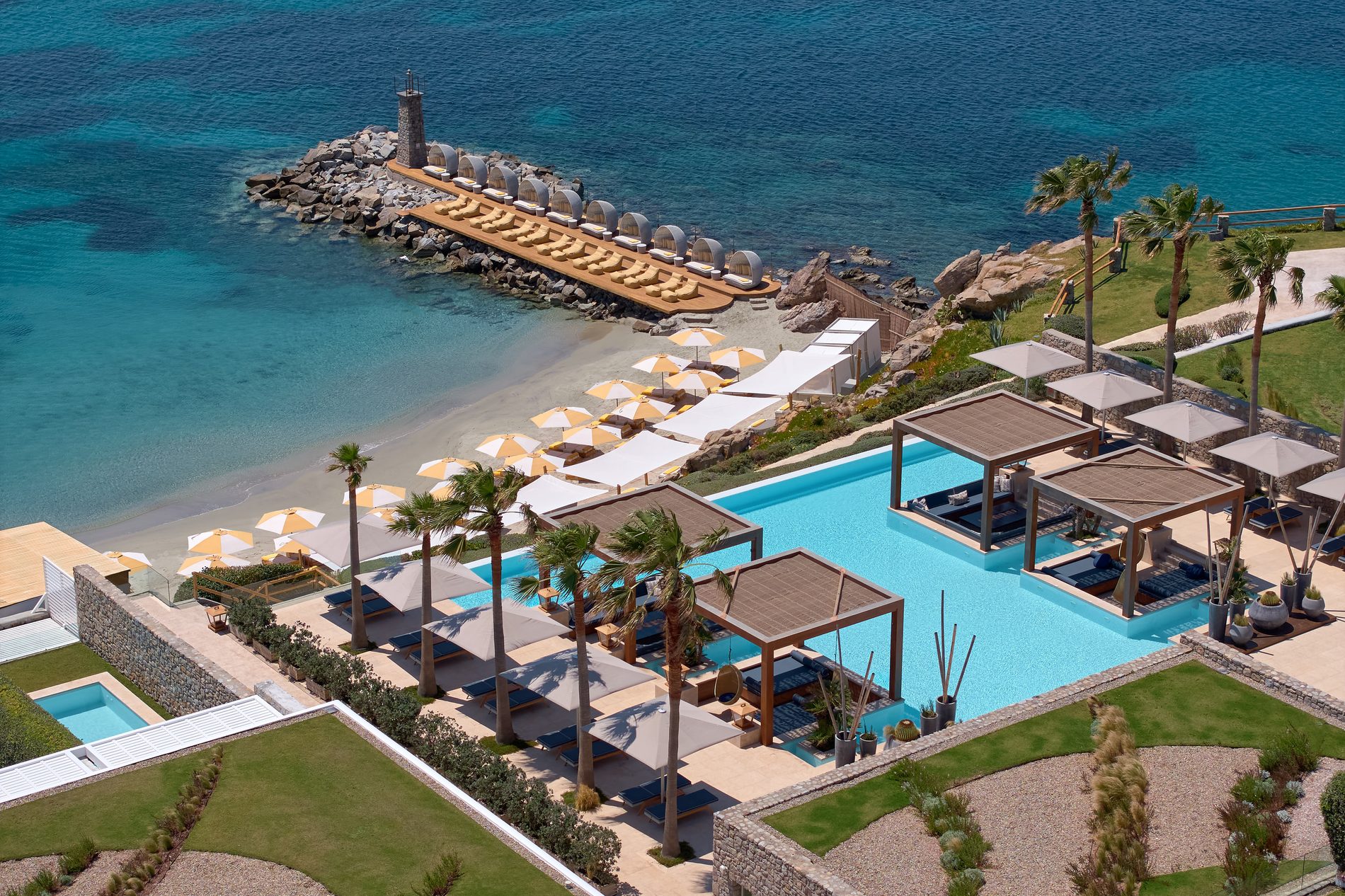 Private sandy beach from above, Santa Marina Mykonos