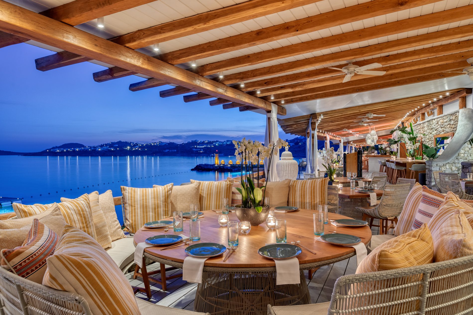 Buddha-Bar Beach at dusk, Santa Marina Mykonos