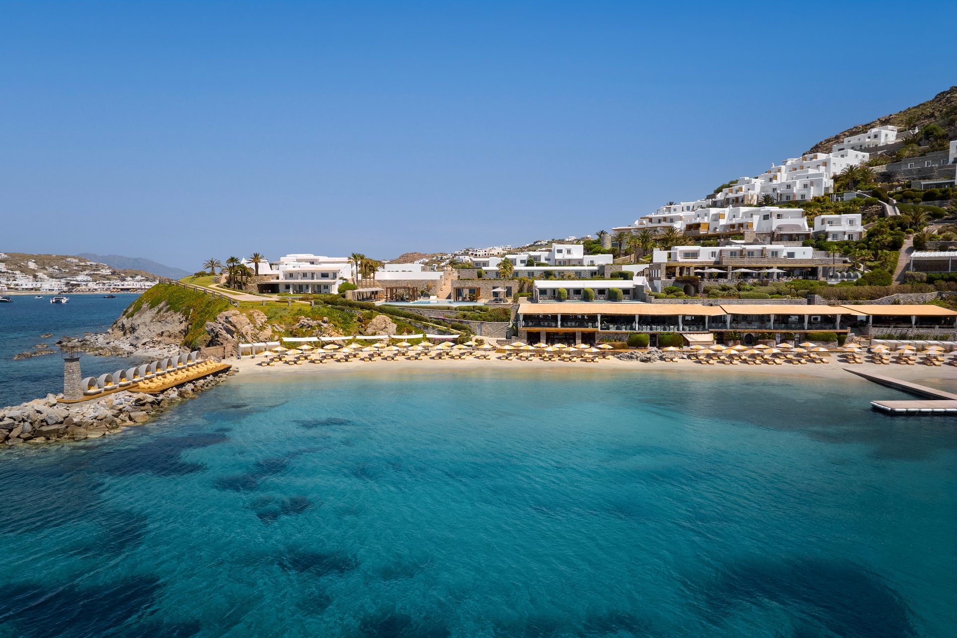 Santa Marina Mykonos, aerial of the resort and its private beach